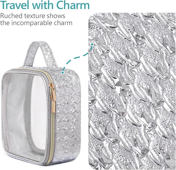 PACKISM 2 Pack Clear Makeup Bag Set (1 Large 1 Medium) - Foldable TSA Approved Toiletry Bag for Carry-on & Checked Luggage, Water Resistant Car Storage Organizer, Silver