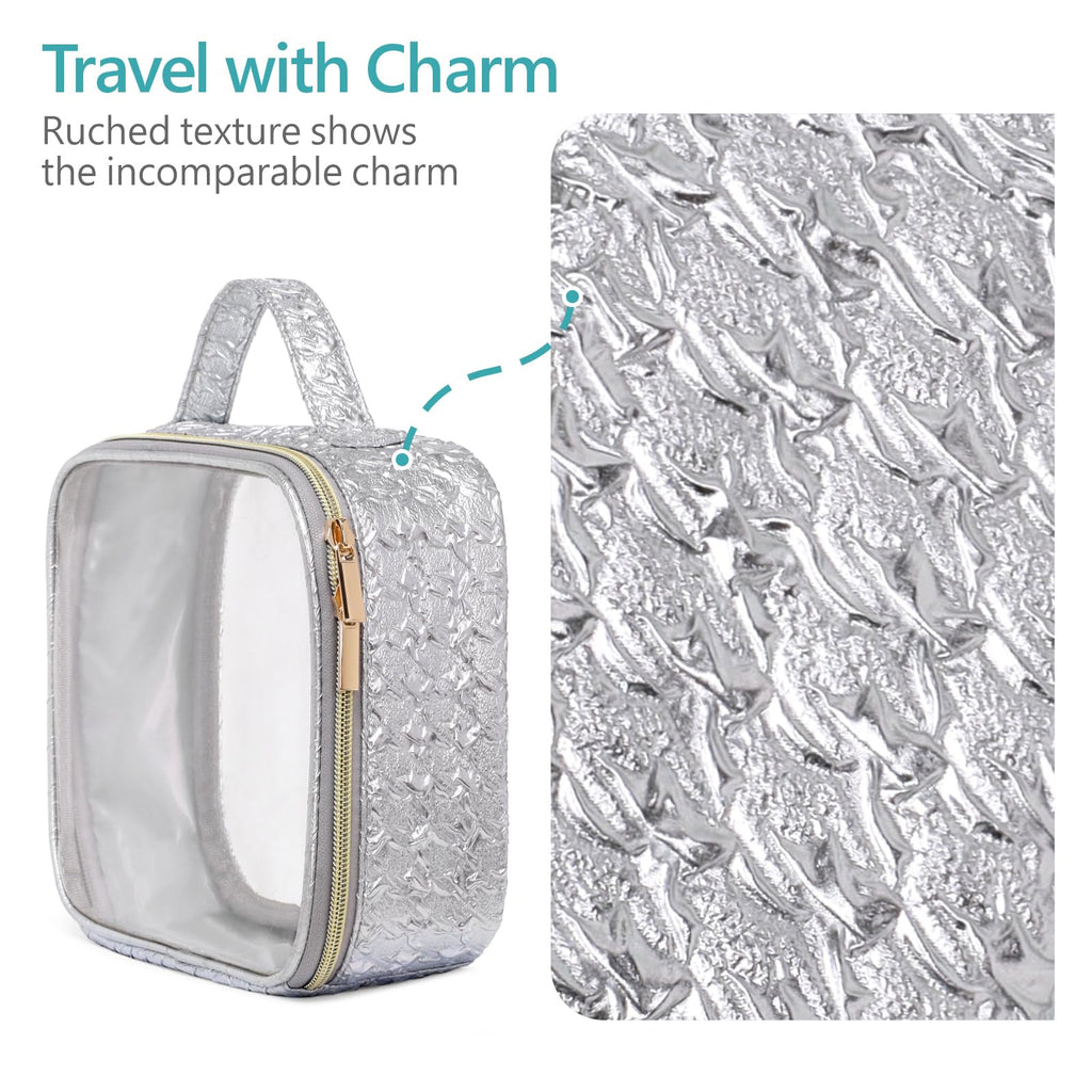 PACKISM 2 Pack Clear Makeup Bag Set (1 Large 1 Medium) - Foldable TSA Approved Toiletry Bag for Carry-on & Checked Luggage, Water Resistant Car Storage Organizer, Silver
