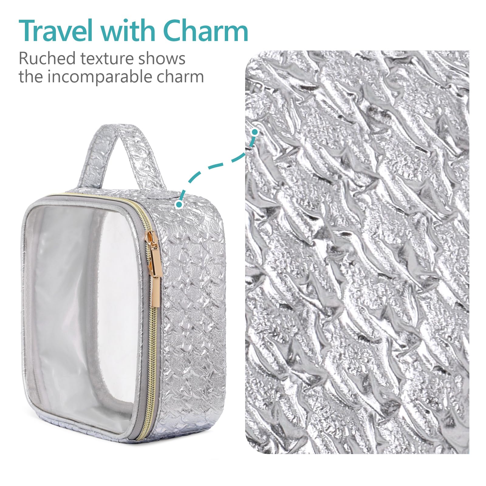 PACKISM 2 Pack Clear Makeup Bag Set (1 Large 1 Medium) - Foldable TSA Approved Toiletry Bag for Carry-on & Checked Luggage, Water Resistant Car Storage Organizer, Silver