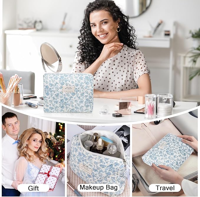 Gosect 2PC Makeup Bag Set, Cute Cosmetic Bag for Women Girls, Floral Coquette Aesthetic Toiletry Bag, Travel Make Up Organizer Bag (Cat Print)