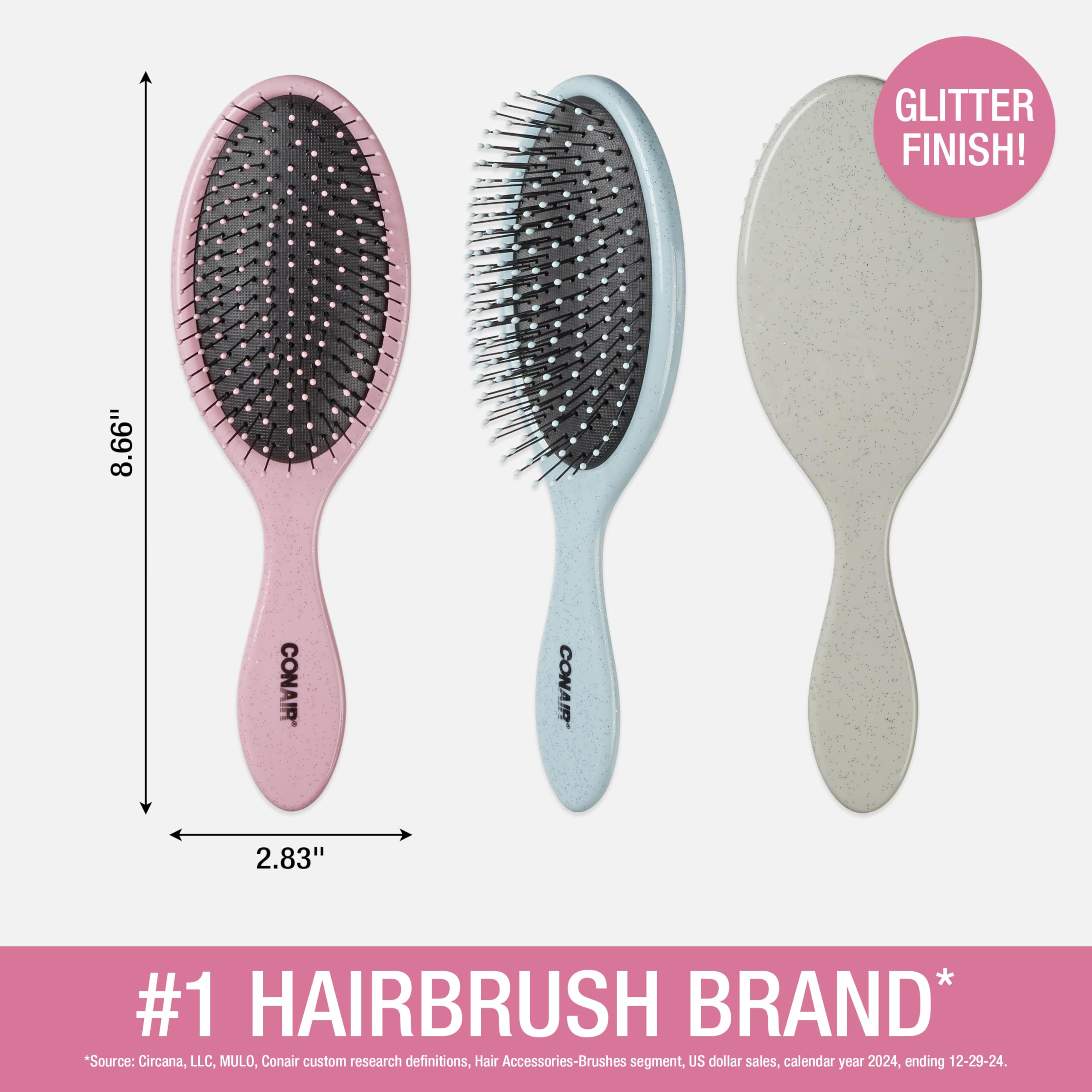 Conair Detangling Hair Brush Set 3 Pack, Use Wet and Dry, Ideal for All Hair Types, Detangling Brushes for women and girls, gifts for her, Glitter Silver, Blue, Pink