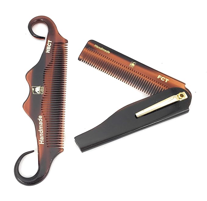 GENTS Handmade Portable Mustache Beard Comb Set - 2 Pocket Sized Foldable Fine Tooth Grooming Combs