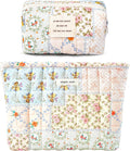 Sminra 2 Pieces Floral Makeup Bag, Cute Travel Quilted Pouch Cosmetic Bag Organizer, Small Cotton Coquette Aesthetic Purse Toiletry Bag for Women Girls accessories (Blue Flower-2PCS)
