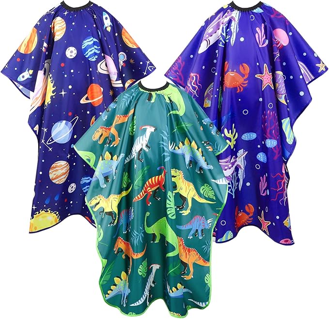 3 Pack Kids Hair Cutting Cape, Professional Barber Cape for Children with Fun Designs, Waterproof Haircut Capes Accessories for Kids Salon Barber Styling and Home Use (3 Styles)
