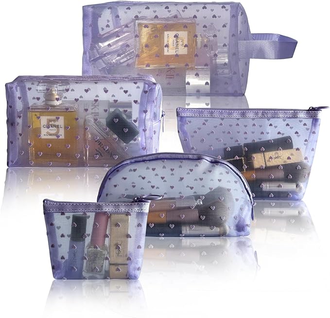 TRAKWAN 5-Piece Heart Printed Mesh Makeup Bag Set, Portable Travel Cosmetic Bags Toiletry Bags Purse Bags Makeup Bags Zipper Mesh Storage Pouches for Home Offices Travel Accessories (Purple)