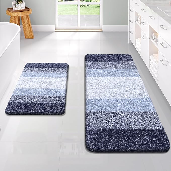 OLANLY Bathroom Rug Set 2 Piece, Soft Absorbent Microfiber Bath Rug Set, Non-Slip, Machine Wash Dry, Plush Shaggy Bath Mats for Bathroom (47"x20"+24"x16", Dark Blue)