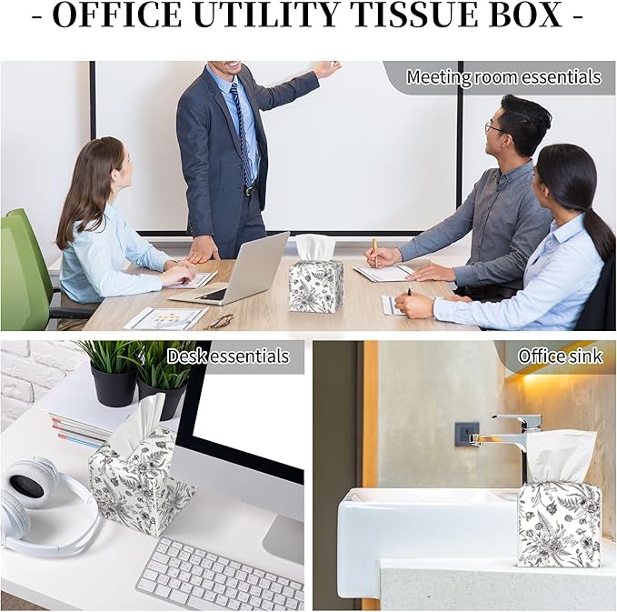 Black and White Flowers Tissue Box Cover Square,Vintage Floral Plant Leaves Tissue Box Holder Waterproof Leather Facial Paper Organizer Dispenser for Bathroom Home Car Nightstand Vanity Desk
