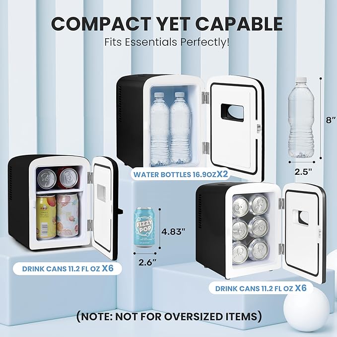 HealSmart 4L Mini Fridge with Observation Window, 6 Can Capacity, Freon-Free and Portable Cooler and Warmer, Cosmetics/Food/Beverage, Black New