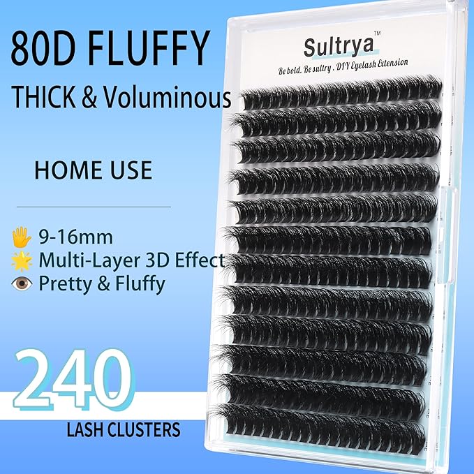 DIY Lash Extensions 80D Dense Multi-Layer Faux Mink Lashes – 240 pcs, 12 Rows, Voluminous 3D Cluster Lashes for Home Use, Soft Lightweight, Natural Black Eyelashes (240PCs, 9-16mm, 80D Fluffy)