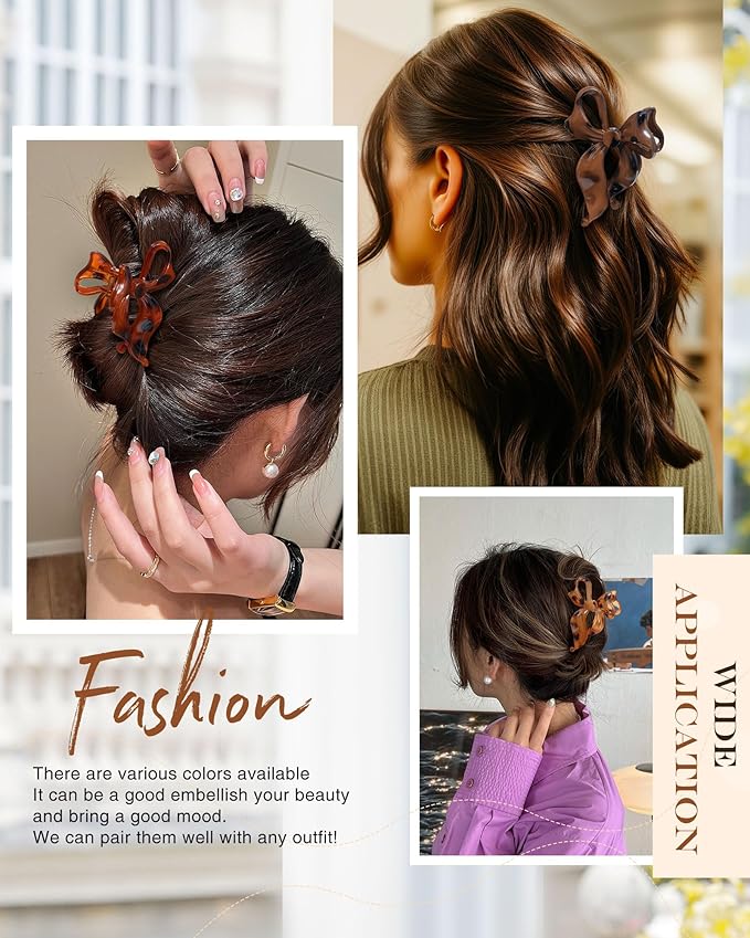 4 PCS Bow Hair Clips Bow Claw Clip for Women, Large Hair Claw Clips for Thin Thick Hair (Leopard(Deep coffee+light yellow+orange+light gray))