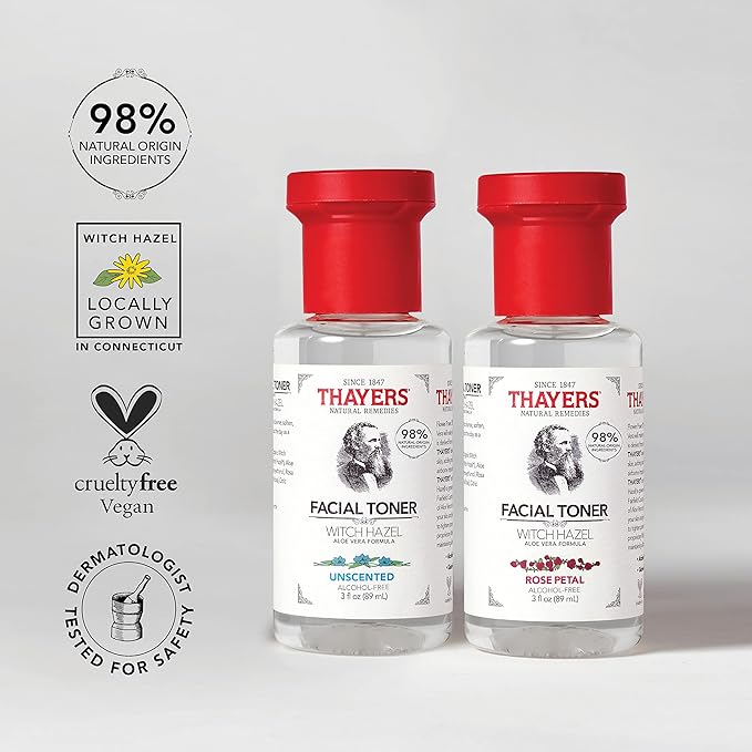 THAYERS AlcoholFree Witch Hazel Facial Toner with Aloe Vera Formula, Clear, Rose Petal, 3 Fl Oz (Pack of 2)
