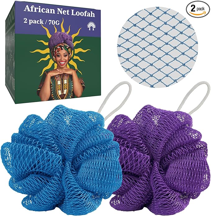 Bathway Loofah Bath Sponge, 2 Pack African Net Sponge Authentic, Exfoliating Shower Loofah Body Scrubber for Men and Women, Mesh Shower Pouf Balls for Body Wash
