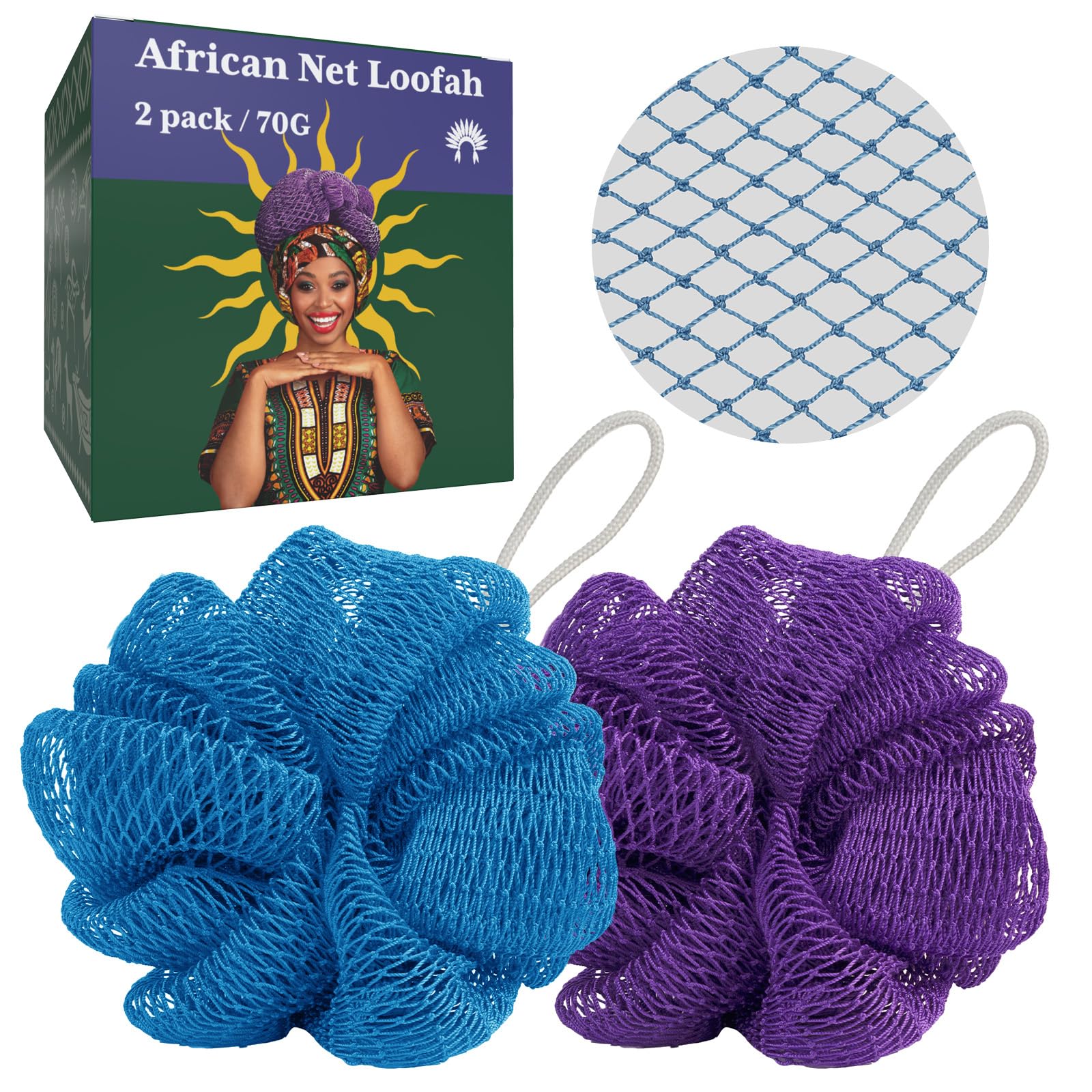 Bathway Loofah Bath Sponge, 2 Pack African Net Sponge Authentic, Exfoliating Shower Loofah Body Scrubber for Men and Women, Mesh Shower Pouf Balls for Body Wash