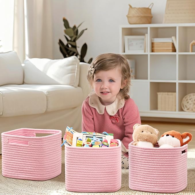 3 Pack Cube Storage Bin, 9”x9”x7” Cotton Rope Woven Baskets for Organizing Toys Clothes Towels, Square Gift Storage Baskets for Shelf, Nursery, Closet, Bathroom, Pantry (Pink)