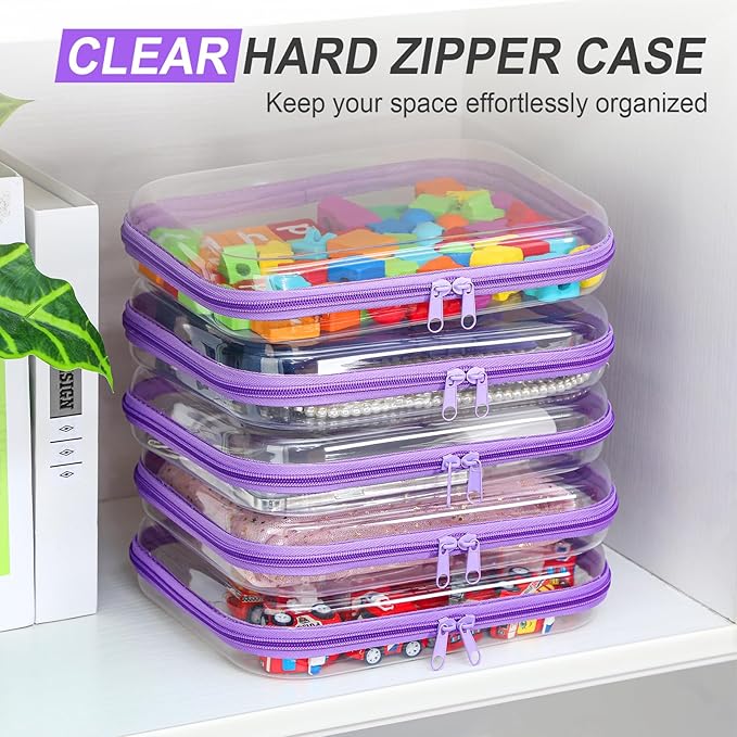 Sanwuta 6 Pcs Clear Hard Zipper Case Plastic Zipper Pouches Transparent Makeup Bag Pencil Case Pouches Toiletry Diaper Bag for Travel Toy Storage Organizer Bins(Purple,9.84 x 7.87 x 2 Inch)