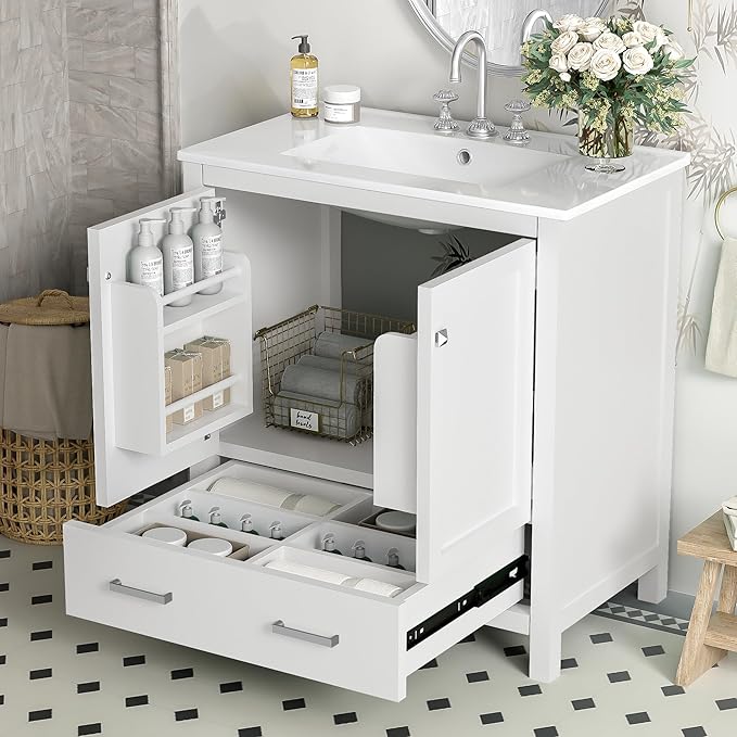 Bellemave 30" Bathroom Vanity with Sink Combo Set, Solid Wood Frame Bathroom Storage Cabinet with a Drawer, 2 Soft Closing Cabinet Doors with Organizer, White