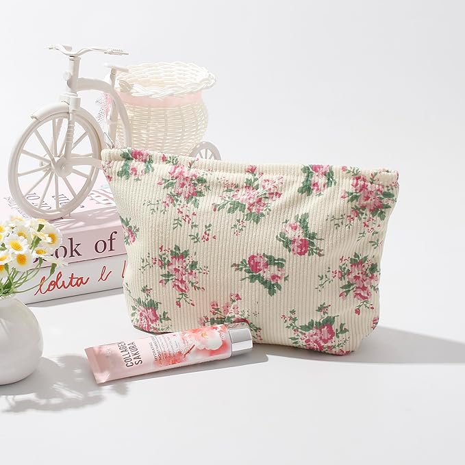 Gardsell Cosmetic Bags for Women - Corduroy Cosmetic Bag Aesthetic Women Handbags Purses Smile Dots Makeup Organizer Storage Makeup Bag Girls Case Bags (Flowers-Pink)