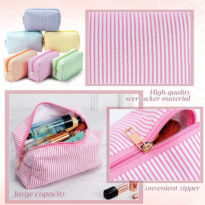 Sanwuta 6 Pcs Seersucker Cosmetic Bags Bulk Seersucker Makeup Bags Stripe Women Pouch Large Preppy Storage Pouch Toiletry Travel for Wedding Bridesmaid Bride Favor Back to Teacher Gift (Rainbow)