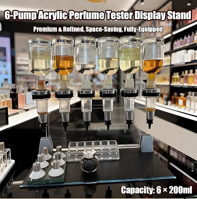 Hrxllb Professional Manual Perfume Dispenser, Liquid Filling Machine Transfer Tools,Manual Dispenser Set, Adjustable Pump Heads & Testing Cups for Shops & Lab & Bars(6 Heads)