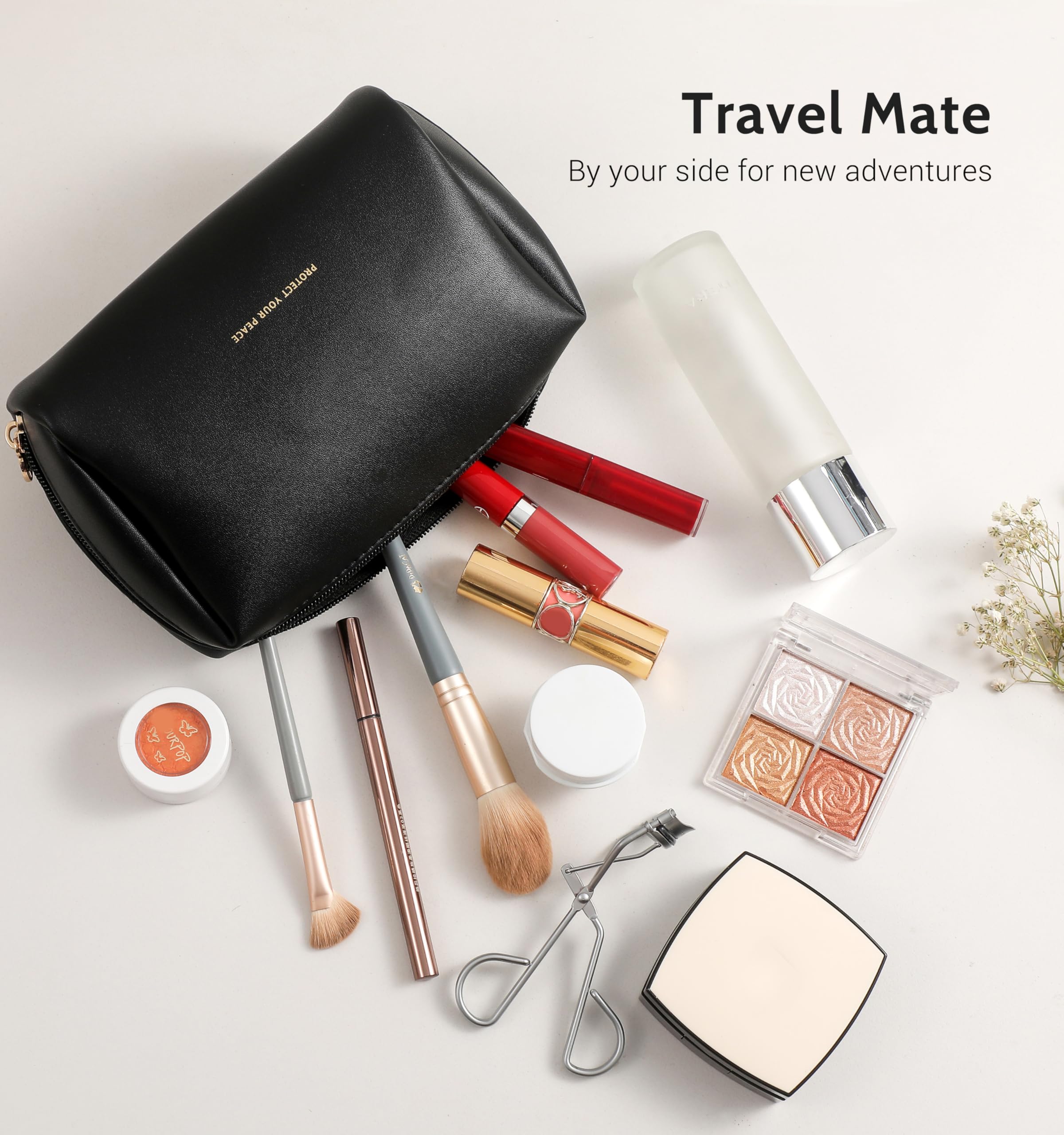 Aveniee Travel Makeup Bag Small, Vegan Leather Cosmetic Pouch for Purse, Wide-open Toiletry Organizer with Dividers & Zipper for Women-Black