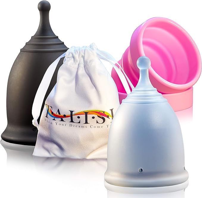 Talisi Menstrual Cups with Foldable Silicone Sterilizer - Soft Reusable Period Starter Kit - Feminine Menstruation Set - Alternative to Tampon Pad Disc - Light & Heavy Flow (Small & Large)
