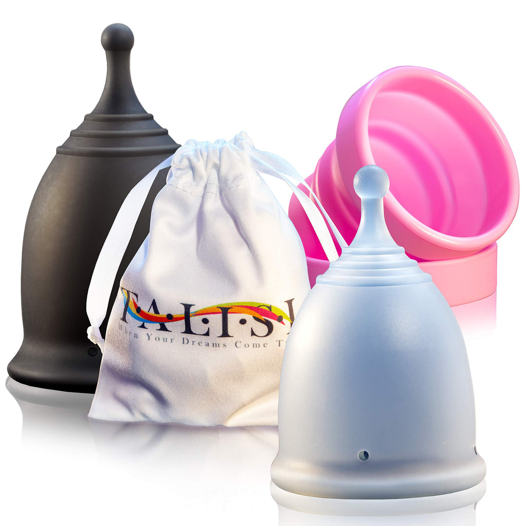 Talisi Menstrual Cups with Foldable Silicone Sterilizer - Soft Reusable Period Starter Kit - Feminine Menstruation Set - Alternative to Tampon Pad Disc - Light & Heavy Flow (Small & Large)