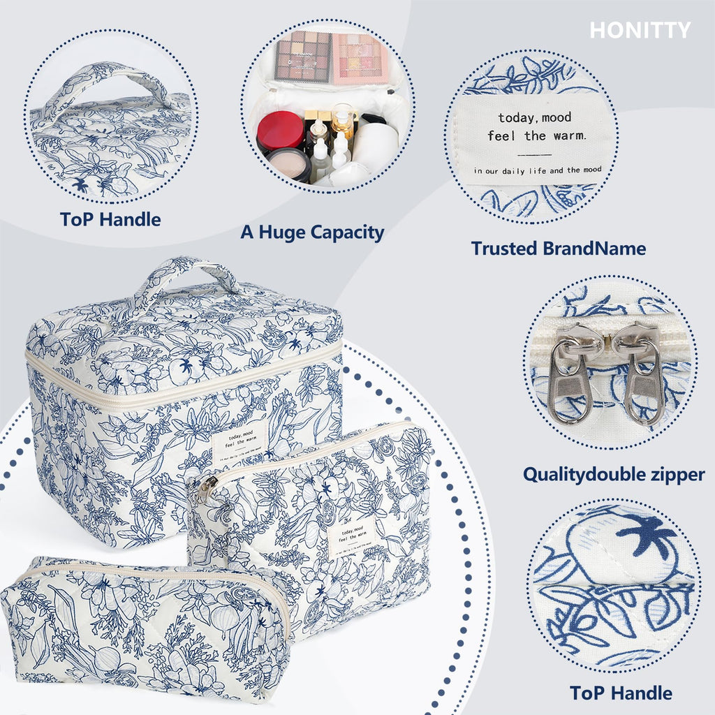 honitty Makeup Bag,Quilted Cosmetic Bags,Large Floral Make Up Organize bag,Makeup Bag Set for Women,Flower Travel Toiletry Bag