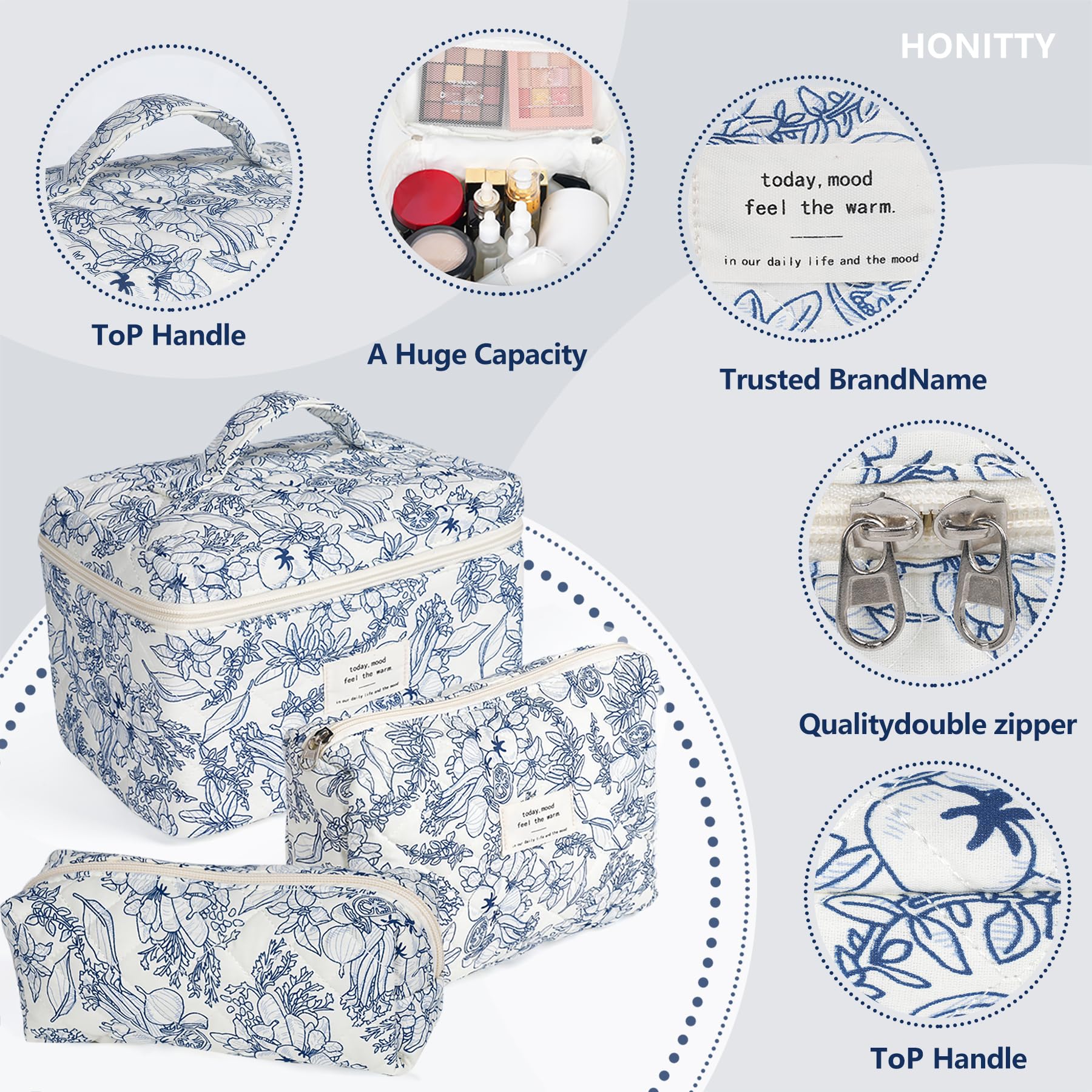honitty Makeup Bag,Quilted Cosmetic Bags,Large Floral Make Up Organize bag,Makeup Bag Set for Women,Flower Travel Toiletry Bag