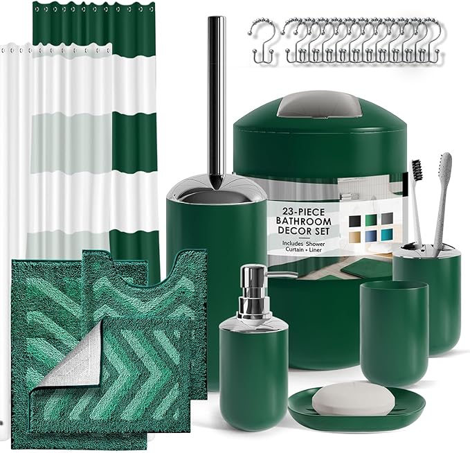 Clara Clark Bathroom Accessories Set - 23PC Shower Curtain Set with Bathroom Trash Can, Green Bathroom Set, Bathroom Sets with Shower Curtain and Green Rugs