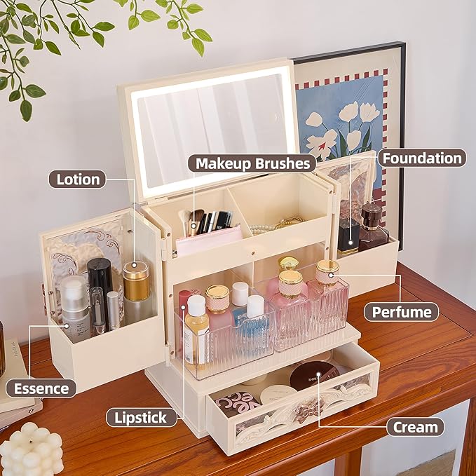Makeup Box Organizer with LED Mirror Vintage Cosmetic Storage Cabine White