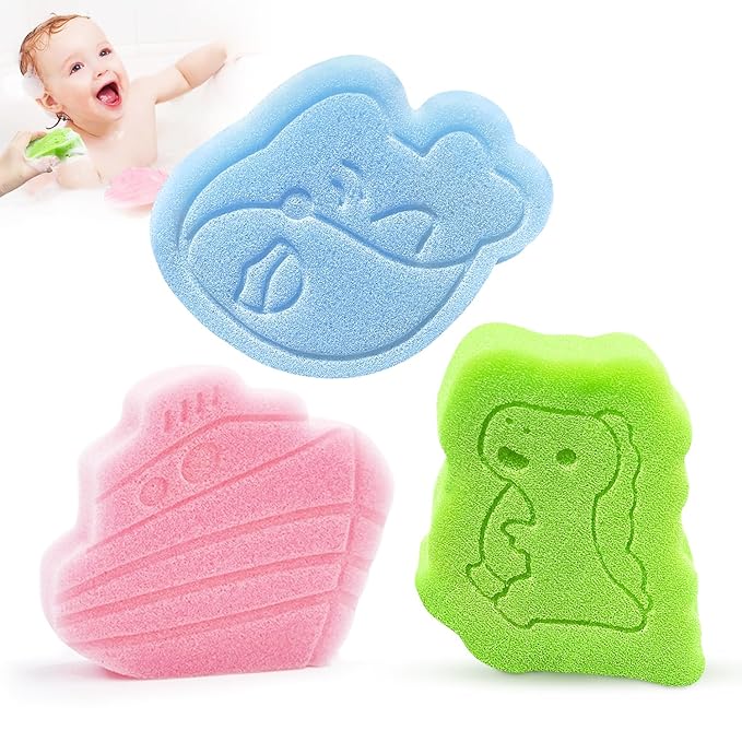 DANCELF Baby Bath Sponge, Natural Cute Shapes Soft Shower Sponges for Bathing, Bathtub Foam for Infants and Toddler, 3pcs: Blue Whale, Pink Ship, Green Dinosaur