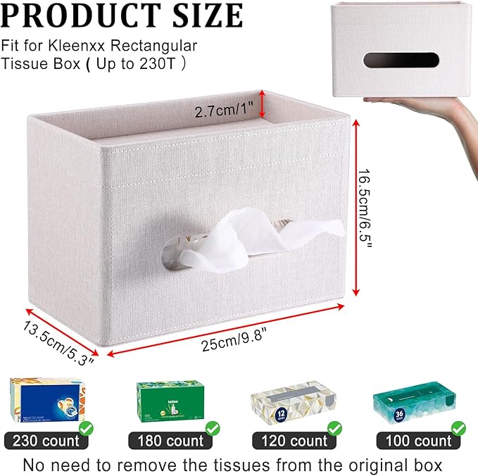 Sumnacon Tissue Box Cover with Storage Tray, Decorative Rectangular Tissue Holder Linen Facial Tissues Organizer Stylish Modern Tissue Dispenser for Bathroom Toilet Tank Vanity Dresser Table
