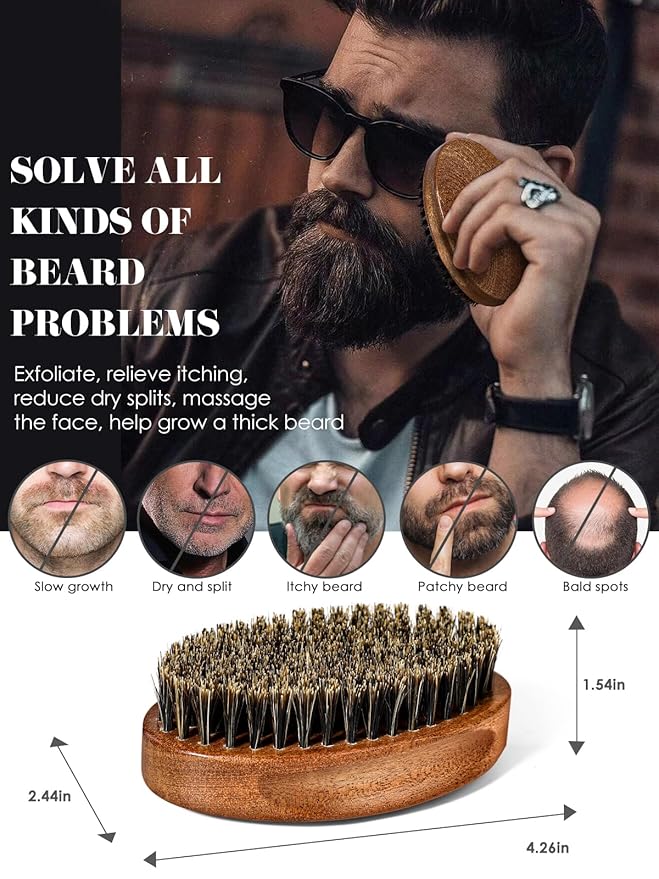 Bituemly Beard Brush, Natural Boar Bristles Beard Brush for Men and Wooden Sandalwood Pocket Beard Comb Set, Facial Hair Grooming Kit with Mustache Scissors as a Styling Tool, Growth, Detangles, Shine