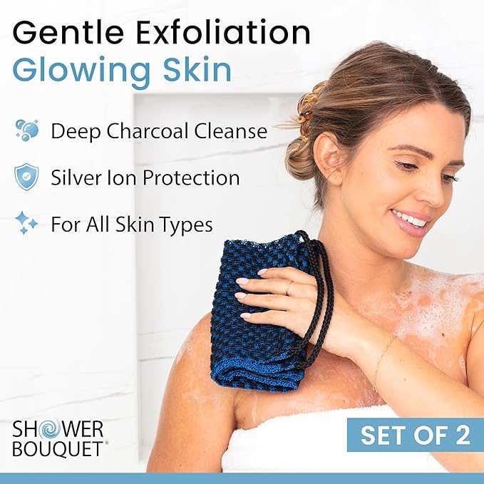 SHOWER BOUQUET Japanese-Exfoliating-Washcloth 2-Pack Charcoal & Silver Ion