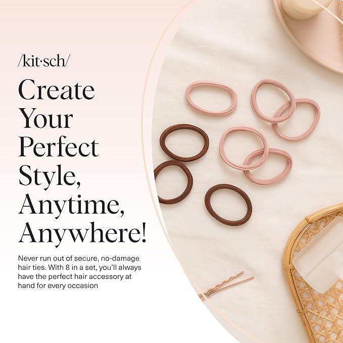 Kitsch Seamless Hair Ties No Damage - Stretchable Hair Bands for Strong All-Day Hold, Ponytail Holders | Hair Accessories for Girls - Rosewood 8 Pcs
