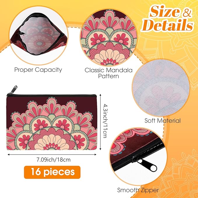 Yahenda 16 Pcs Graduation Canvas Makeup Bags Bulk for Women Appreciation Inspirational Gifts Cosmetic Zipper Pencil Pouch Travel Toiletry Bag for Teacher Birthday Mother's Day(Mandala)