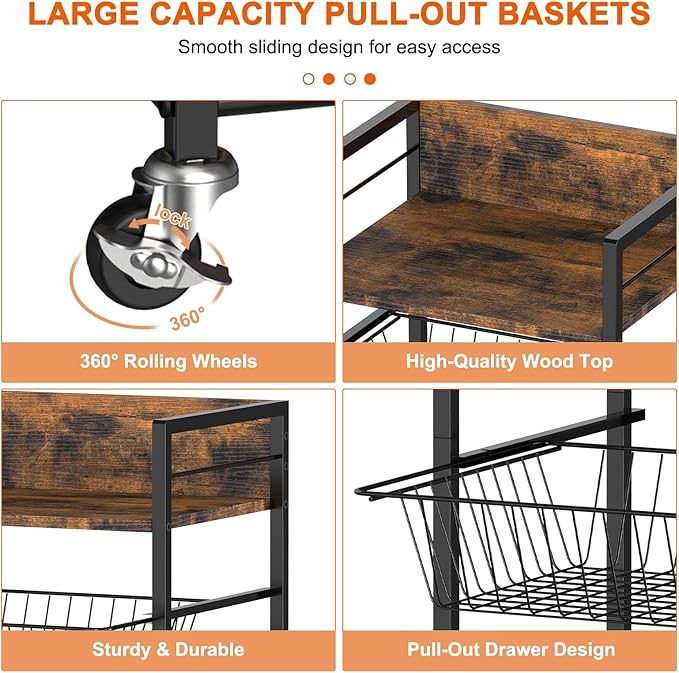 Sunexinlo 4-Tier Kitchen Rolling Cart with 3 Pull-Out Wire Baskets, Wooden Top and 360° Wheels, Narrow Kitchen Storage Cart for Fruit, Vegetable, Pantry, Bathroom, Laundry Room, Rustic Brown