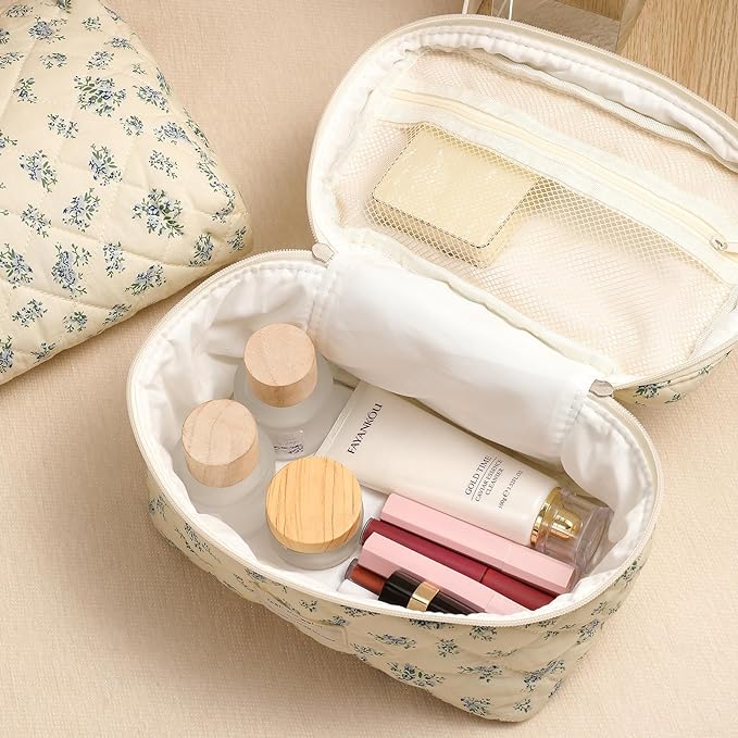 uekeboag 3Pcs Large Travel Quilted Makeup Bag for Women, Floral Cotton Cosmetic Bag, Coquette Aesthetic Floral Toiletry Organizer Bag(3Pcs PinkRose