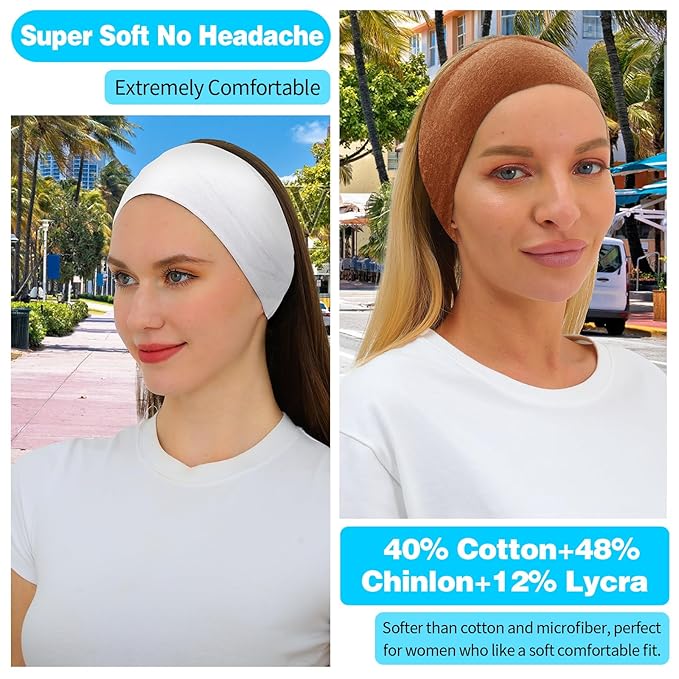 RITOPER Headbands for Women Non Slip, Wide Workout Headband Cotton Black White Head Bands Hair Bands for Women's Hair, Thick Headbands Head Wraps for Fashion, Yoga, Running, Spa Day, Party, Travel