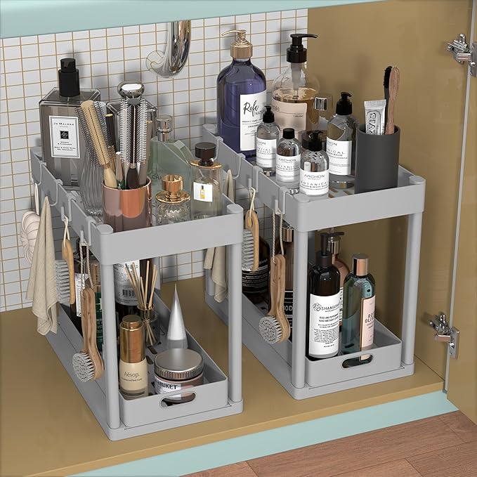 POUGNY 2PC Under Sink Organizer Rack 2 Tier Under Sliding Cabinet Basket Organizer Drawer with 4 Hooks, Multi-purpose Under Sink Storage for Bathroom Kitchen Desktop（Grey）