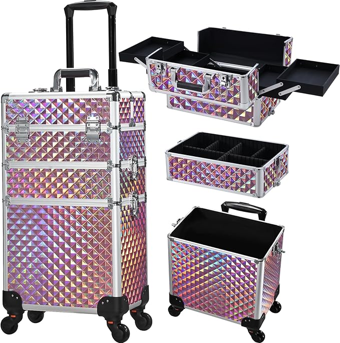 FRENESSA 3 in 1 Rolling Makeup Case Cosmetology Case on Wheel Vintage Black