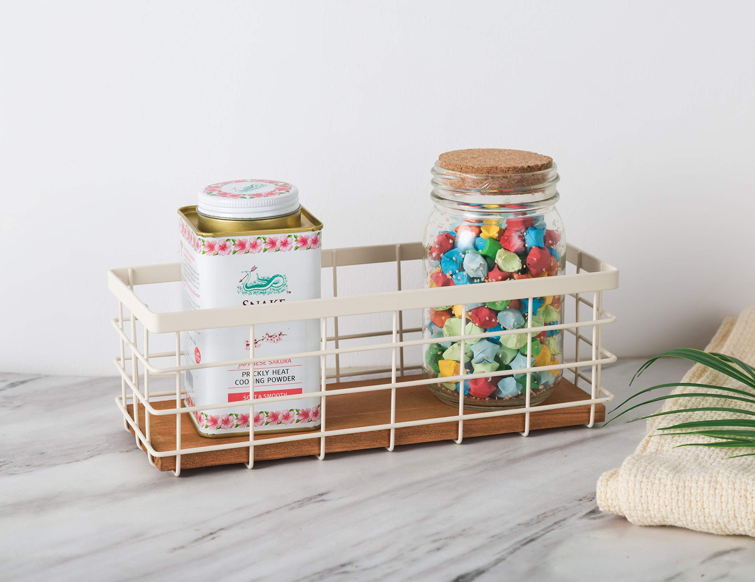 TIEYIPIN Small Metal Wire Storage Basket, Detachable Wood Base Storage Organizer Bin Basket for Kitchen Cabinets, Bathroom, Pantry, Garage, Laundry Room (Cream White, 2 Pack)