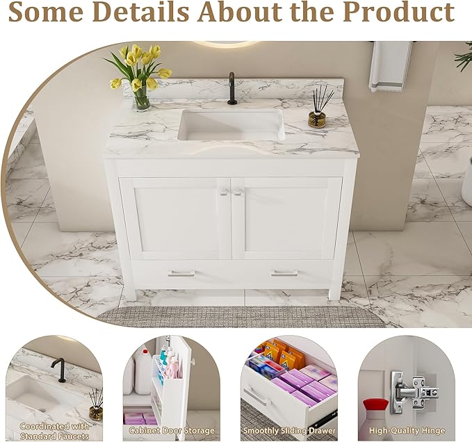 Montary 42" Bathroom Vanity with 43" Sintered Stone Carrara White Top, Modern Stylish MDF Bathroom Storage Cabinet, Vanity Set with 2 Doors and One Large Divided Drawer, White (Single Hole)
