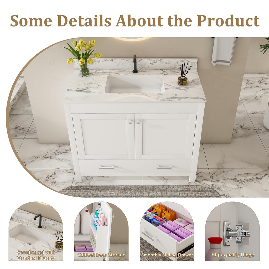 Montary 42" Bathroom Vanity with 43" Sintered Stone Carrara White Top, Modern Stylish MDF Bathroom Storage Cabinet, Vanity Set with 2 Doors and One Large Divided Drawer, White (Single Hole)