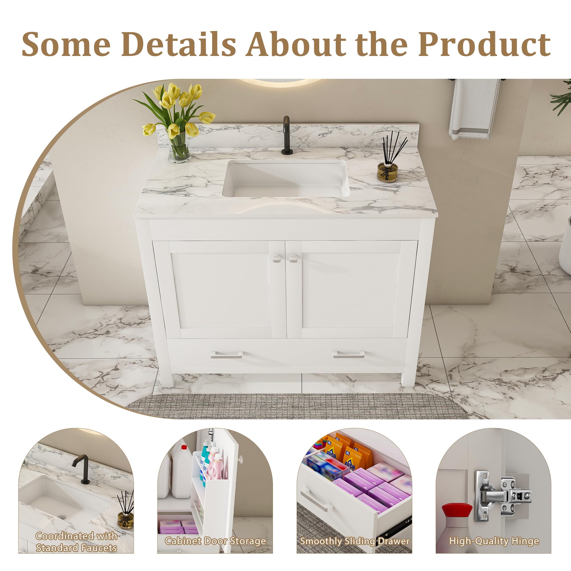Montary 42" Bathroom Vanity with 43" Sintered Stone Carrara White Top, Modern Stylish MDF Bathroom Storage Cabinet, Vanity Set with 2 Doors and One Large Divided Drawer, White (Single Hole)