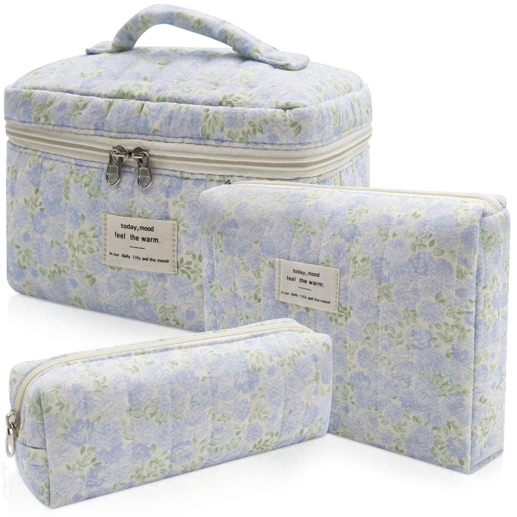 Gosect 3pc Makeup Bag Set, Quilted Makeup Bag Set, Large Floral Cosmetic Bag for Women, Cute Cotton Makeup Bags, Flower Travel Toiletry Organizer Bag (Green Leaves Blue Flowers)