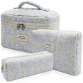 Gosect 3pc Makeup Bag Set, Quilted Makeup Bag Set, Large Floral Cosmetic Bag for Women, Cute Cotton Makeup Bags, Flower Travel Toiletry Organizer Bag (Green Leaves Blue Flowers)