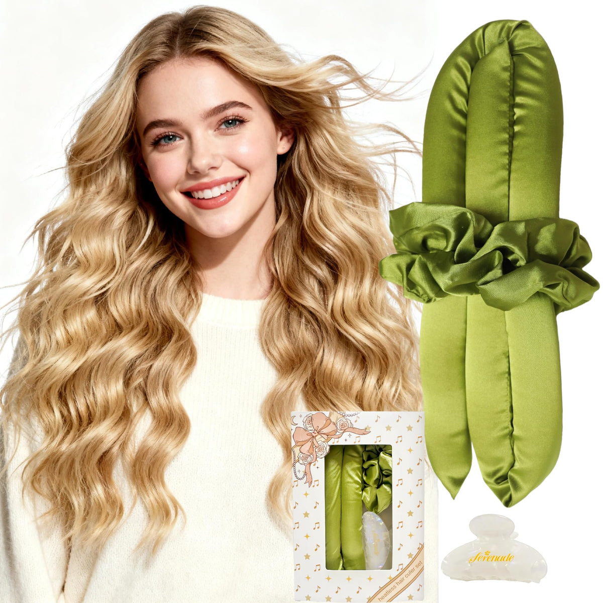 Serenade Satin Heatless Curls Overnight for Long Hair, Heatless Hair curler for Women and Girls, No Heat Curling Rods with Satin Scrunchies and Clip, Green