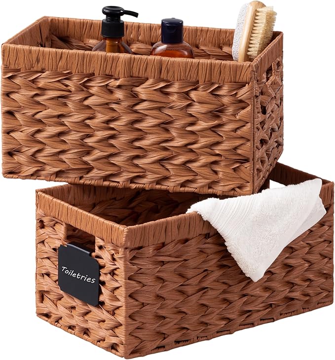UBBCARE Storage Baskets with Label, Wicker Pantry Baskets for Shelves, Waterproof Woven Basket for Organizing, 2-Pack Plastic Rectangle Organizers with Handles,Light Brown (13.4L×8.3H×7.1W)