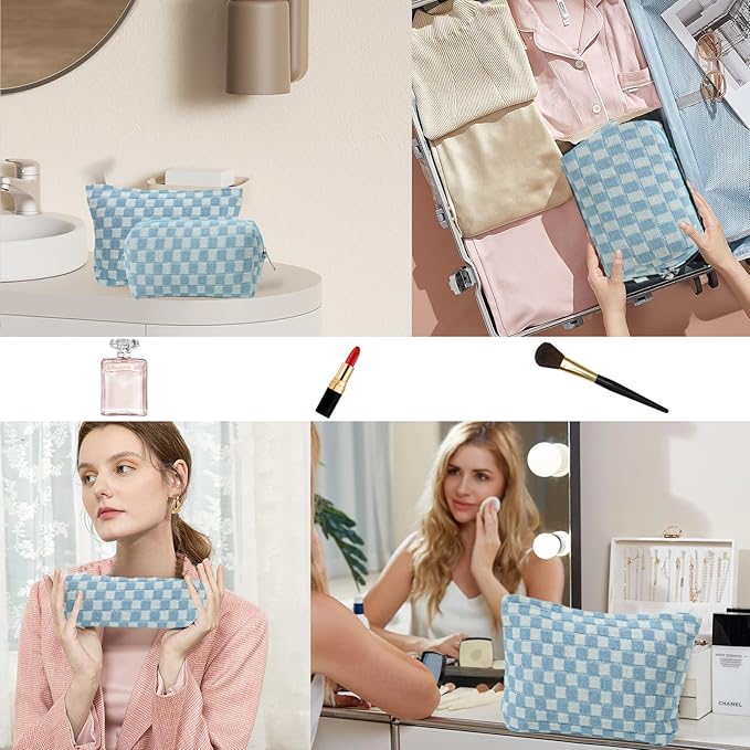 LYDZTION Large Capacity Makeup Bag Set - 3 Pieces Checkered Cosmetic Bag for Women Travel Makeup Bag Organizer Cute Makeup Brushes Storage Bag Travel Toiletry Bag Storage Bag for Women,Blue